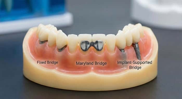 «انواع بریج دندانی ثابت، مریلند و بریج روی ایمپلنت روی مدل فک»