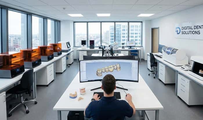 لابراتوار تخصصی دندانپزشکی دیجیتال با نمایش طراحی CAD روی مانیتور