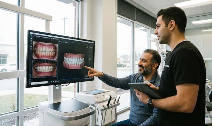 توضیح workflow دیجیتال درمان لمینیت برای بیمار با نمایش طرح لبخند دیجیتال