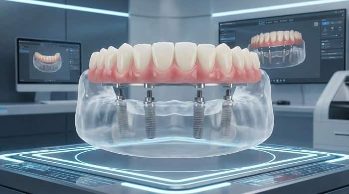 تصویر سه‌بعدی پروتز فول آرچ ثابت روی ایمپلنت در فک بالا
