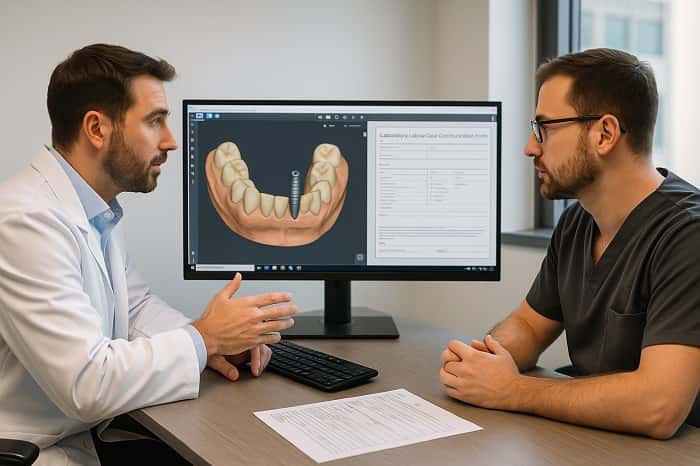 جلسه علمی بین دندانپزشک و لابراتوار دیجیتال برای بررسی کیس درمانی