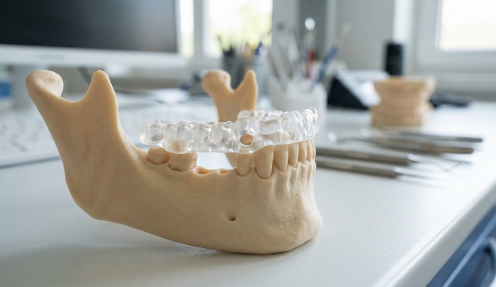 «گاید جراحی ایمپلنت ساخته شده با پرینتر سه‌بعدی روی مدل فک»